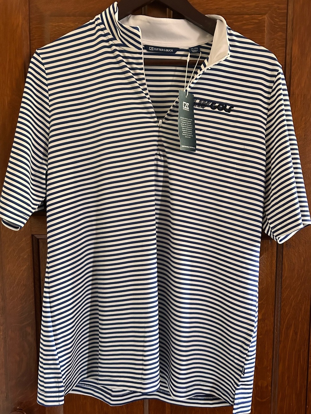 Cutter & Buck Navy and White Striped Quarter-Zip Polo